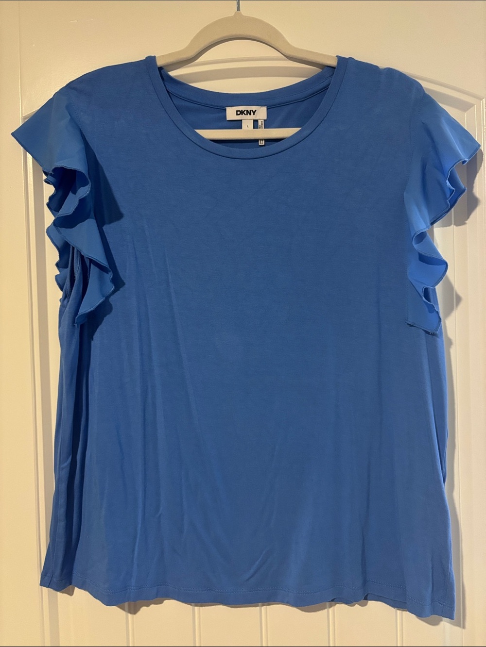 DKNY Women's Sky Blue Short Sleeve Ruffle Tee